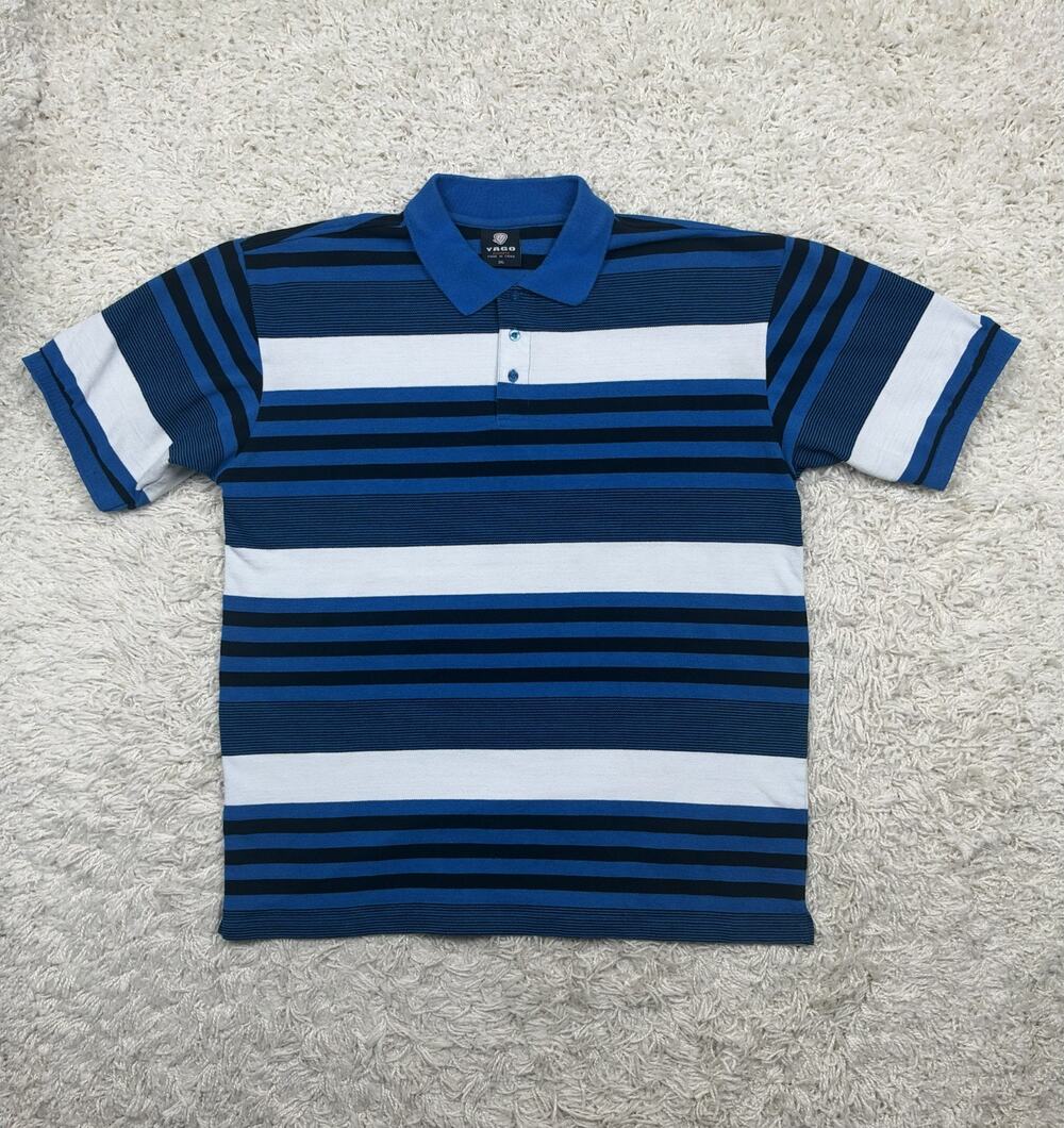 YAGO Polo Shirt Mens 2XL Blue White Black Striped Short Sleeve Streetwear Cali